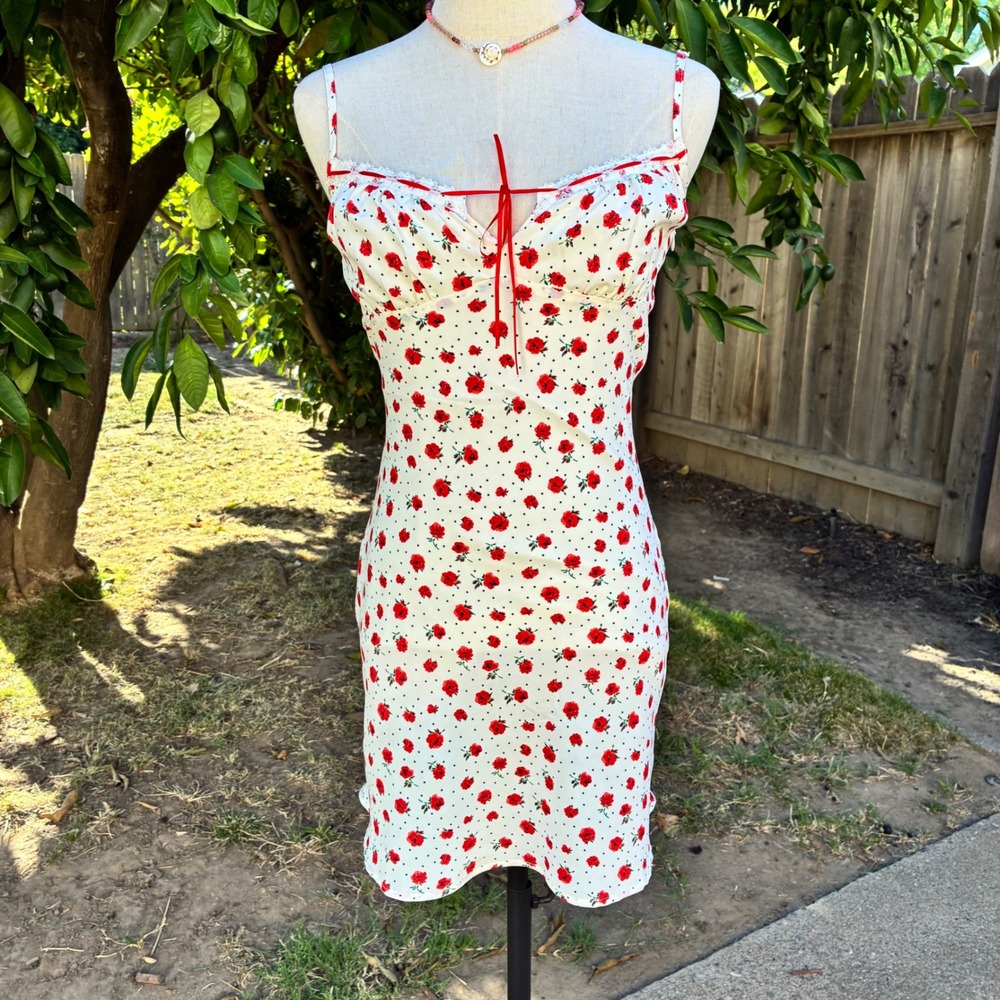Beverly‎ and Beck Red Rose Polka Dot Mini Dress White Lace Trim XS